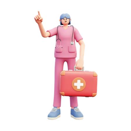Doctora sosteniendo caja médica mientras apunta hacia arriba  3D Illustration