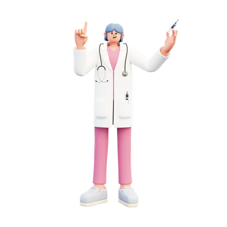 Doctora sosteniendo la jeringa y apuntando hacia arriba  3D Illustration
