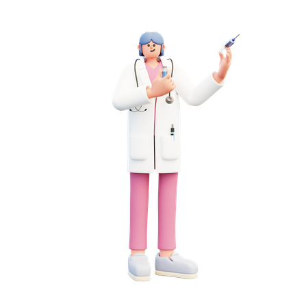 Doctora sosteniendo la vacuna y la jeringa  3D Illustration