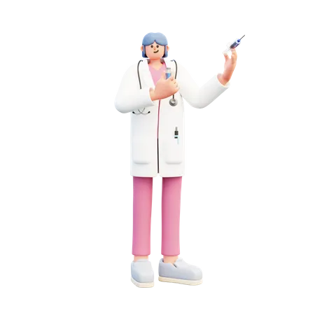 Doctora sosteniendo la vacuna y la jeringa  3D Illustration