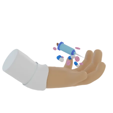 La mano del médico llevando inyecciones y pastillas para la salud.  3D Illustration