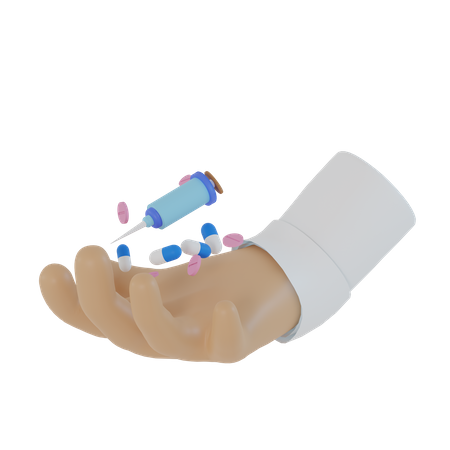 La mano del médico llevando inyecciones y pastillas para la salud.  3D Illustration