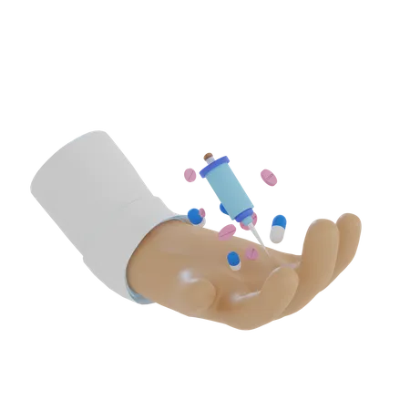 Doctor's hand carrying injections and health pills  3D Illustration