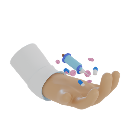 Doctor's hand carrying injections and health pills  3D Illustration