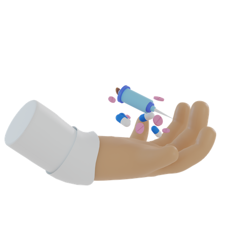 Doctor's hand carrying injections and health pills  3D Illustration