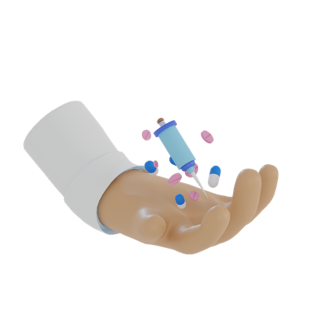 Doctor's hand carrying injections and health pills 3D Illustration