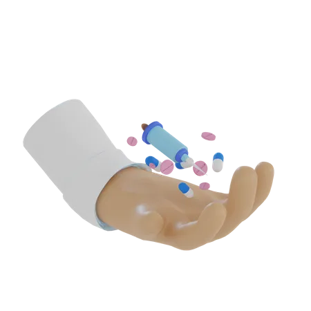 Doctor's hand carrying injections and health pills  3D Illustration