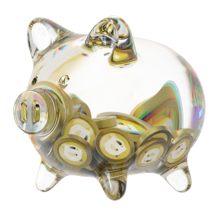 Doge Clear Glass Piggy Bank With Decreasing Piles Of Crypto Coins 3D Icon