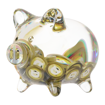 Doge Clear Glass Piggy Bank With Decreasing Piles Of Crypto Coins 3D Icon