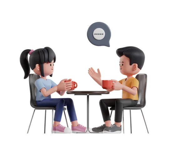 Dois personagens de desenho animado sentados relaxados tendo uma conversa interessante enquanto tomam café  3D Illustration