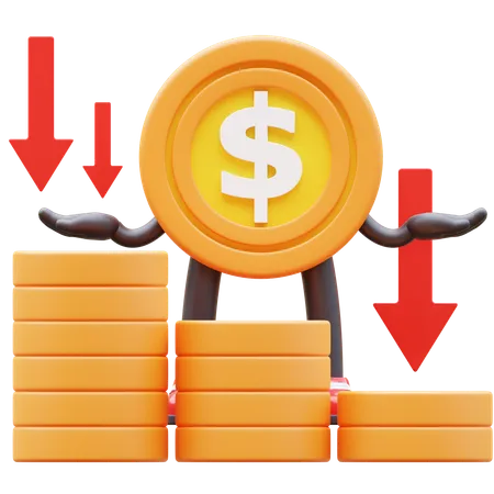 Personagem de moeda de dólar mostrando gráfico de dinheiro caindo  3D Illustration