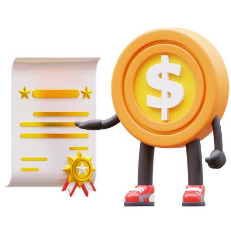 Personagem de moeda de dólar obtém certificado  3D Illustration