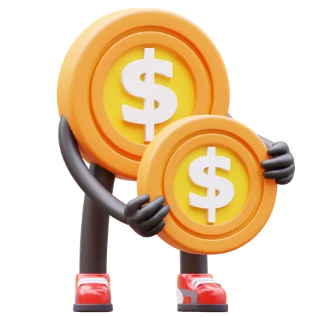 Personagem de moeda de dólar segurando moeda  3D Illustration