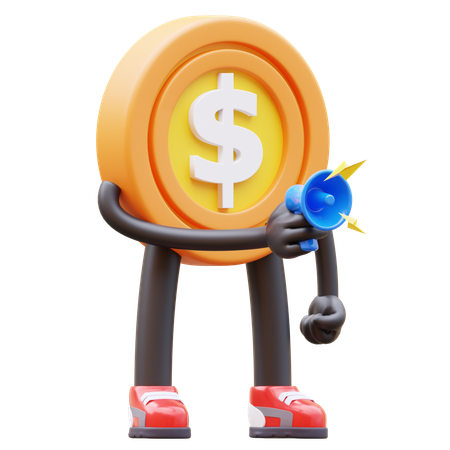 Personagem de moeda de dólar segurando megafone para marketing  3D Illustration