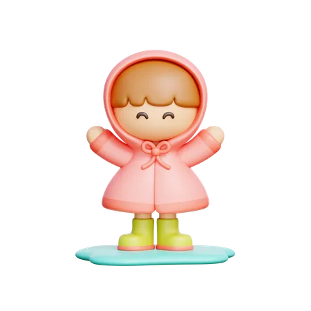 3 D Cute Girl With Raincoat Spring Season Garden Flower 3D Icon