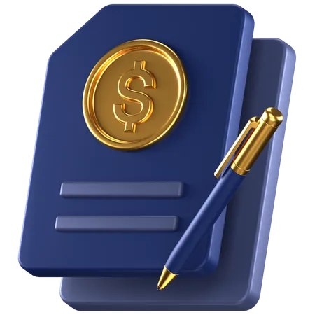 3 D Icon Of A Blue Dollar Contract With Gold Details 3D Icon