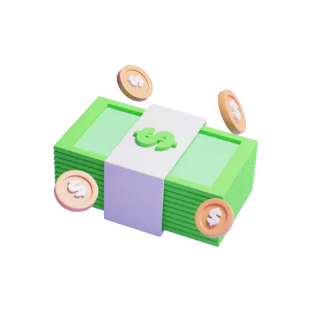 3 D Dollar Money Bundle With Coin Or 3 D Money Stack Icon With Coin 3D Icon