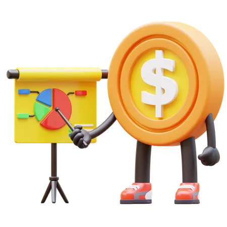 Money Coin Character Doing Presentation 3D Illustration