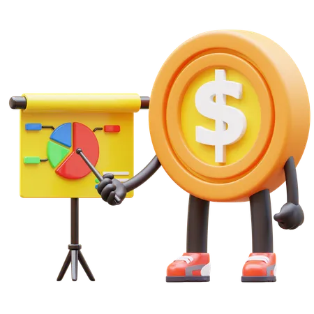 Dollar Coin Character Doing Presentation  3D Illustration