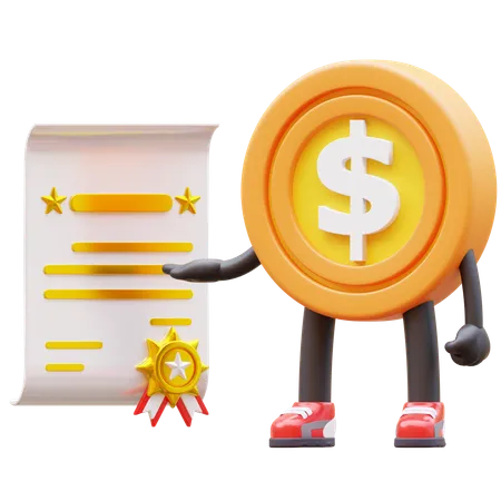 Money Coin Character Get Certificate 3D Illustration