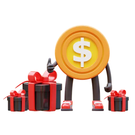 Money Coin Character Has Gifts 3D Illustration