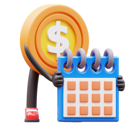 Dollar Coin Character Holding Calendar Planning Schedule  3D Illustration