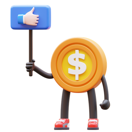 Dollar Coin Character Holding Like Sign  3D Illustration