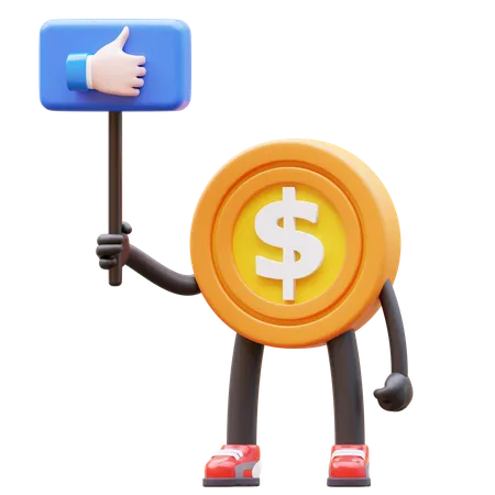 Money Coin Character Holding Like Sign 3D Illustration
