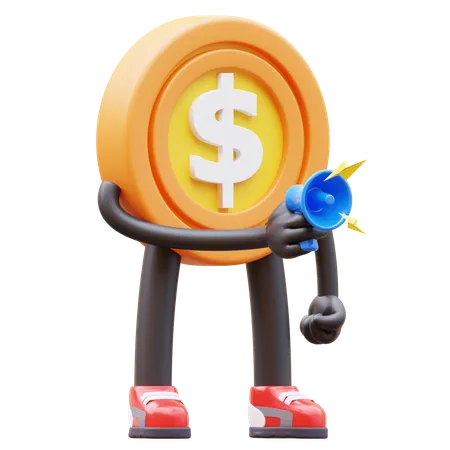 Money Coin Character Holding Megaphone For Marketing 3D Illustration