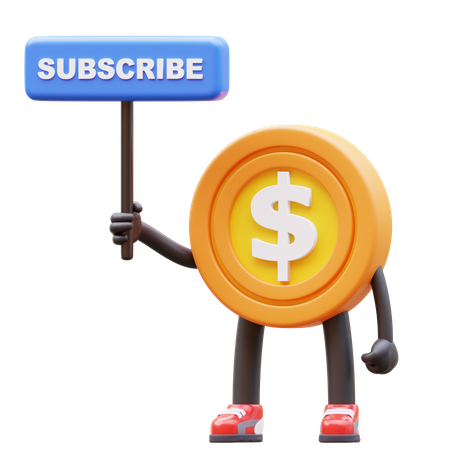 Dollar Coin Character Holding Subscribe Sign  3D Illustration