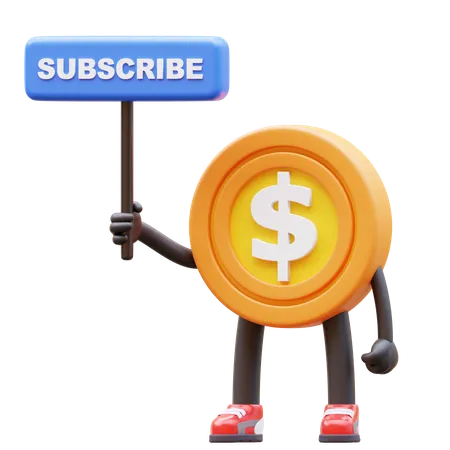 Money Coin Character Holding Subscribe Sign 3D Illustration
