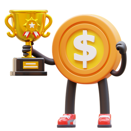 Dollar Coin Character Holding Trophy  3D Illustration
