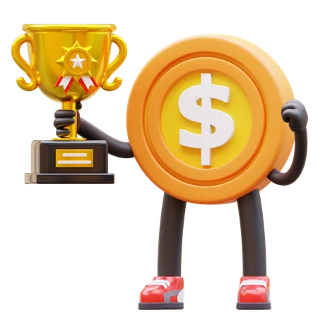 Money Coin Character Holding Trophy 3D Illustration