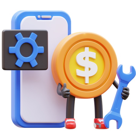 Dollar Coin Character Maintenance Mobile Application  3D Illustration