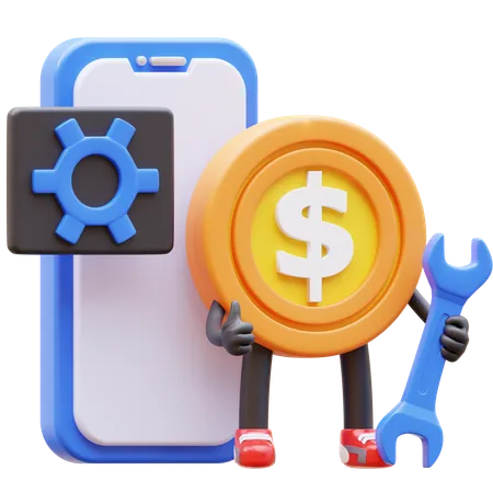 Dollar Coin Character Maintenance Mobile Application  3D Illustration