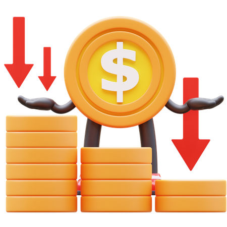 Dollar Coin Character Showing Money Graph Falling Down  3D Illustration