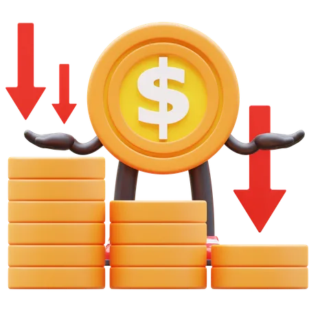 Money Coin Character Showing Money Graph Falling Down 3D Illustration