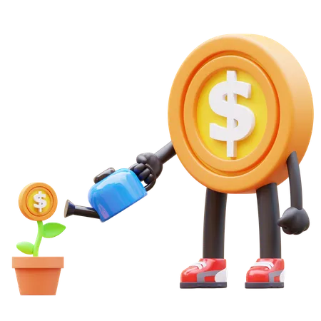 Dollar Coin Character Watering Money Plant For Investment  3D Illustration