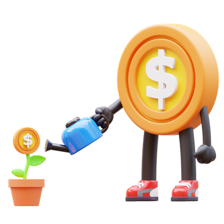 Dollar Coin Character Watering Money Plant For Investment  3D Illustration