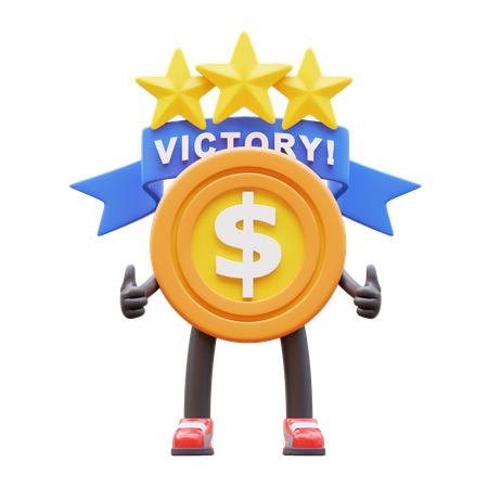 Dollar Coin Character Winner And Earn Stars  3D Illustration