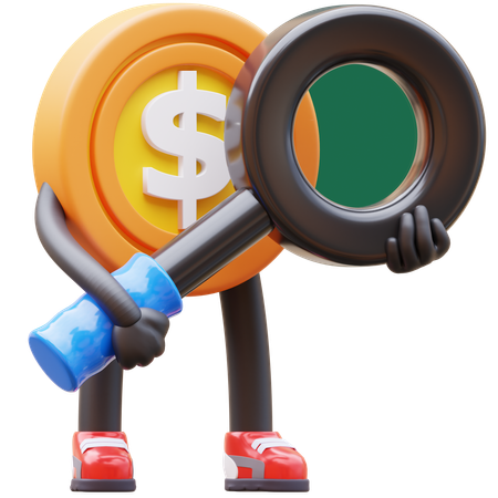 Dollar Coin Character With Magnifying Glass  3D Illustration