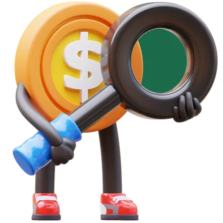 Money Coin Character With Magnifying Glass 3D Illustration