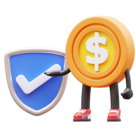 Dollar Coin Character With Verified Shield  3D Illustration