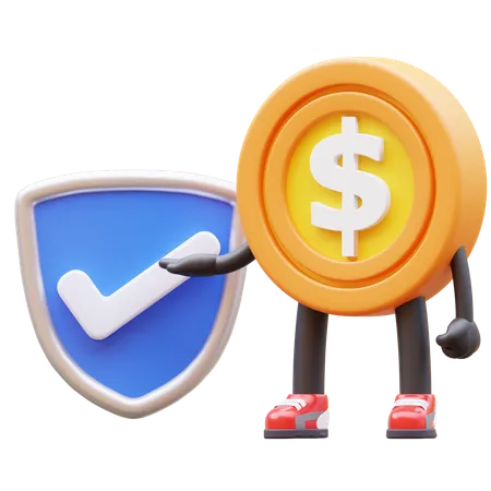 Money Coin Character Verified Shield 3D Illustration