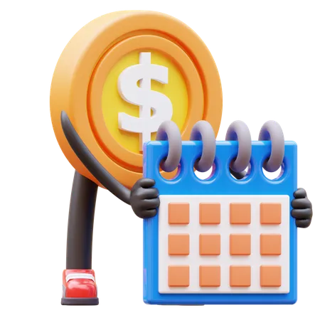 Calendrier de tenue de personnage de pièce de monnaie en dollars, calendrier de planification  3D Illustration