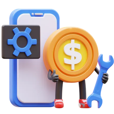 Application mobile de maintenance de personnages de pièces de monnaie en dollars  3D Illustration