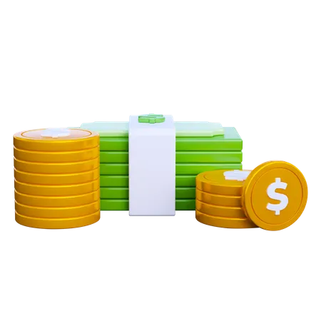 Dollar Coin With Stack Money  3D Icon