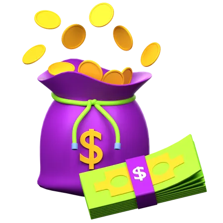 Money Bag With Falling Gold Coins And Paper Currency 3 D Icon 3D Icon