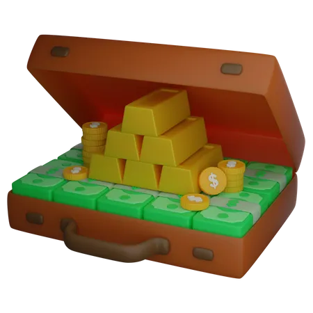 Suitcase And Gold Bar Coin Money 3D Illustration