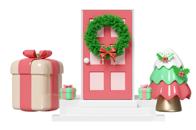 Door  decorated with wreath pine leaves  3D Illustration